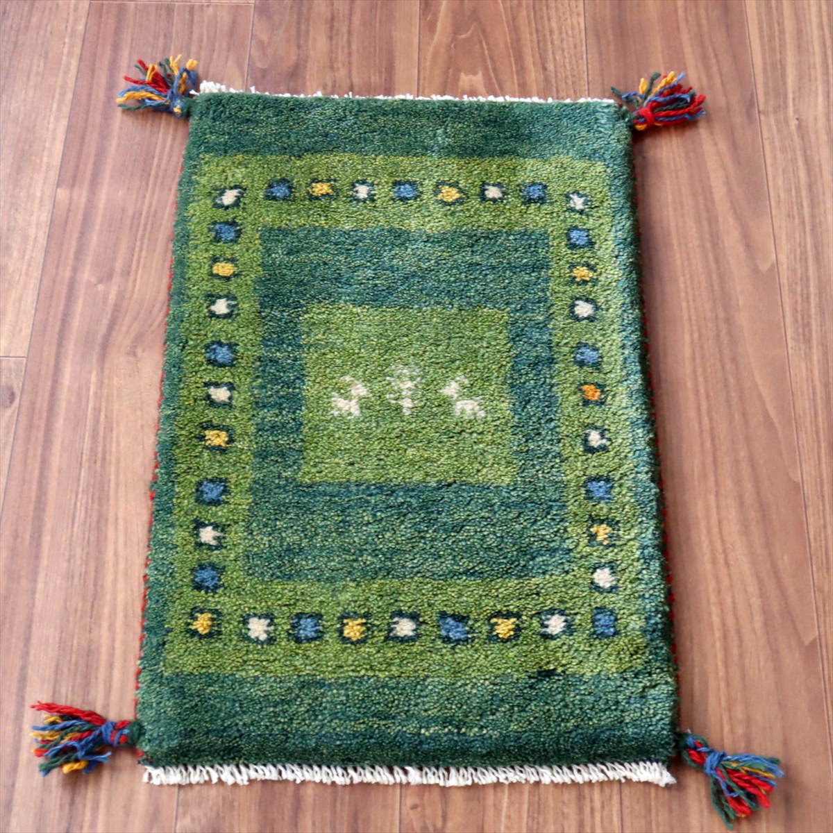 ギャッベ ミニギャベ イラン産 60×39cm グリーン カラフルタイルと動物と生命の樹