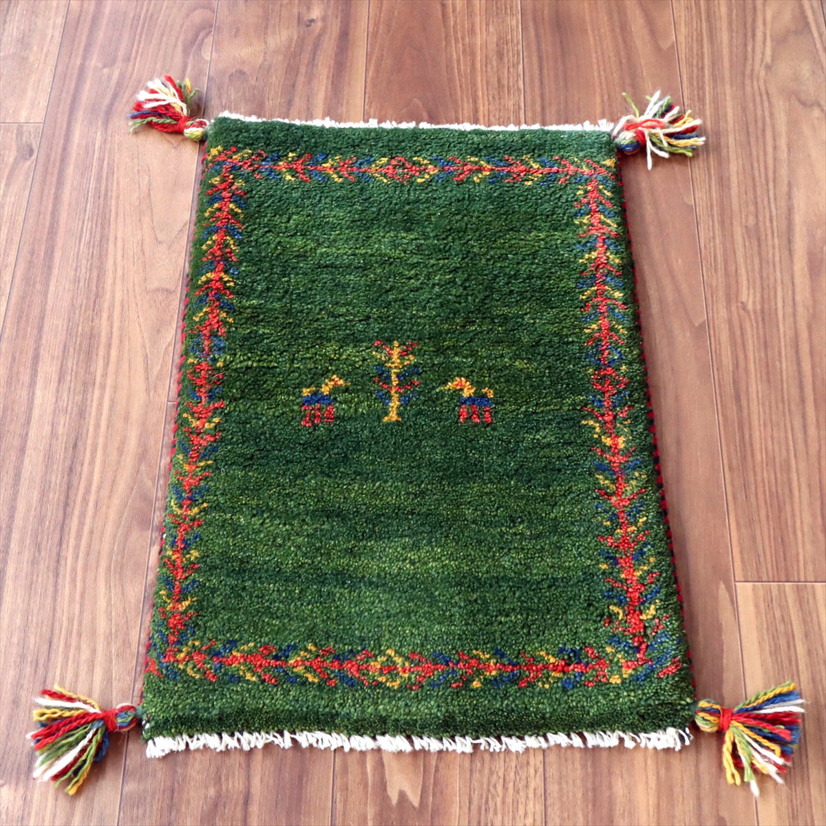 ギャッベ ミニギャベ イラン産 59×40cm グリーン 連なる生命の樹と動物