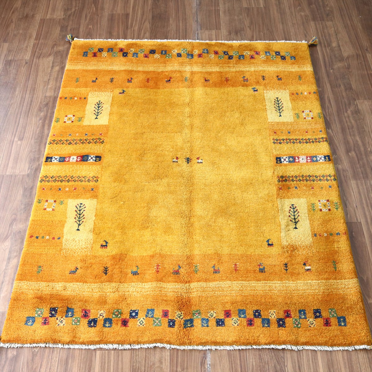 ギャッベ Gabbeh イエローオレンジ 183×155cm イラン産 カラフルな動物を生命の樹