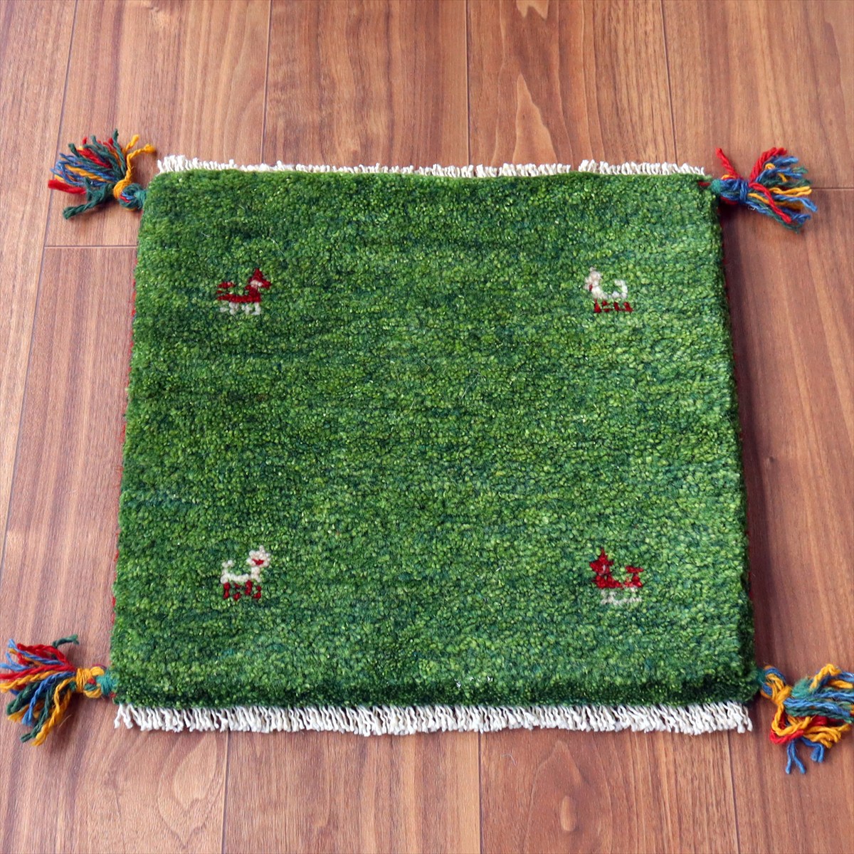 ギャッベ イラン産手織り 座布団サイズ39×41cm グリーン 動物モチーフ