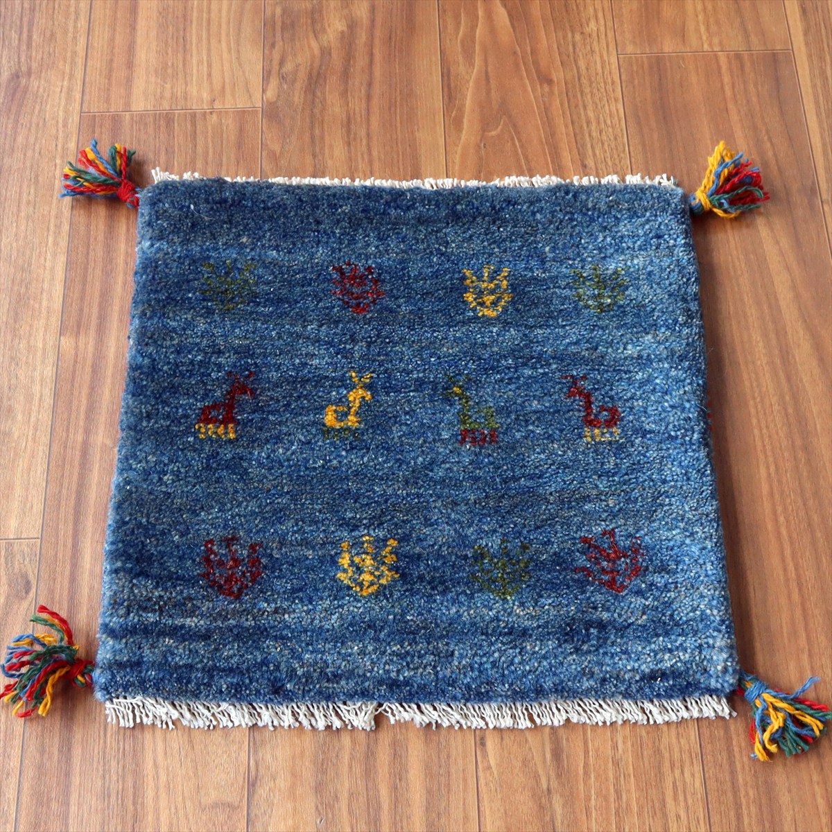 ギャッベ イラン産手織り 座布団サイズ42×44cm ブルー 動物と生命の樹