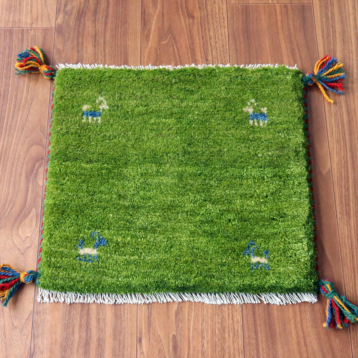 ギャッベ イラン産手織り 座布団サイズ38×42cm グリーン 動物モチーフ