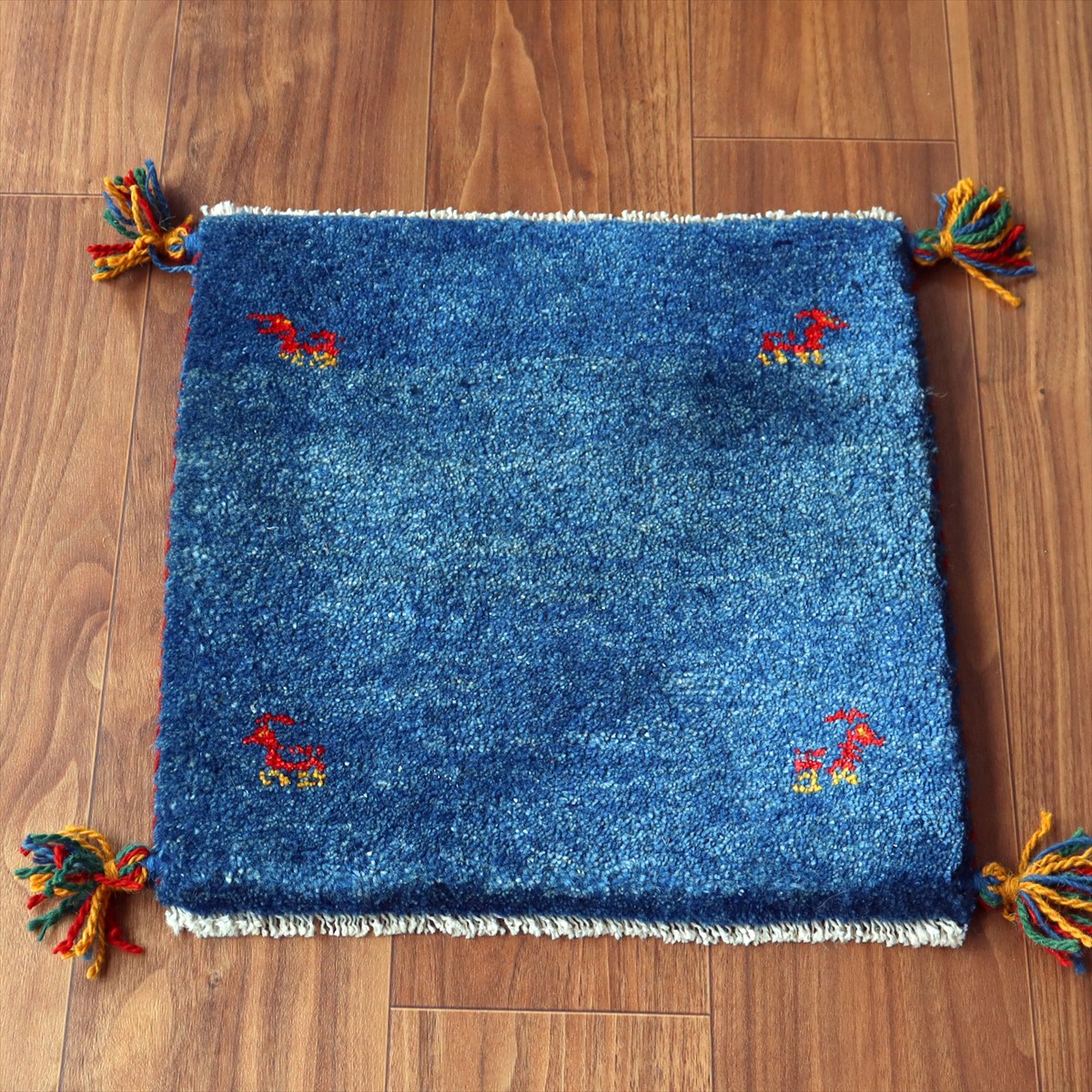 ギャッベ イラン産手織り 座布団サイズ40×40cm ブルー 動物モチーフ