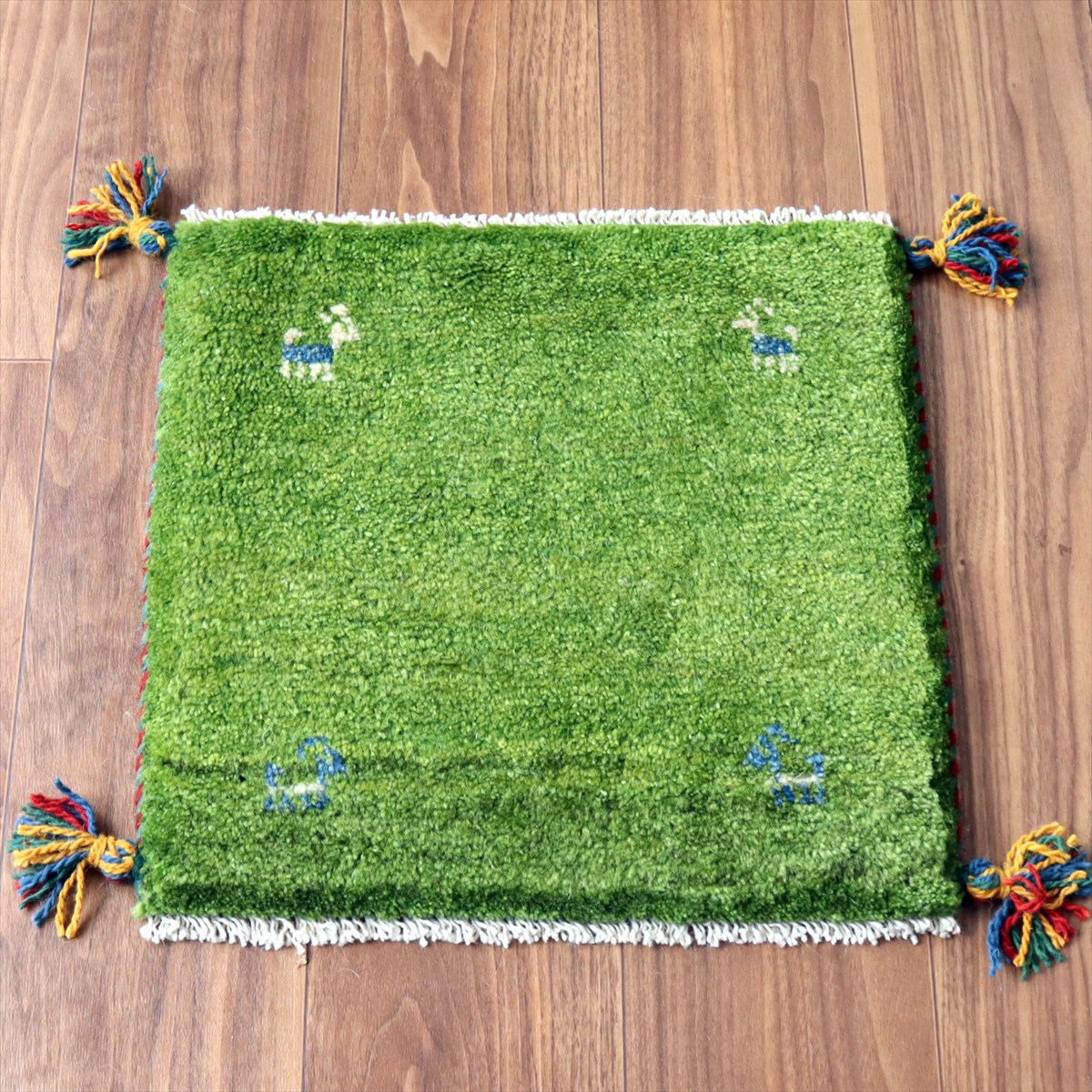 ギャッベ イラン産手織り 座布団サイズ41×42cm グリーン 動物モチーフ