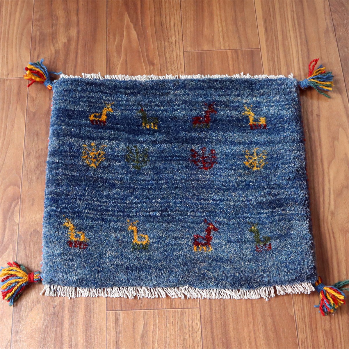 ギャッベ イラン産手織り 座布団サイズ41×47cm ブルー 動物と生命の樹