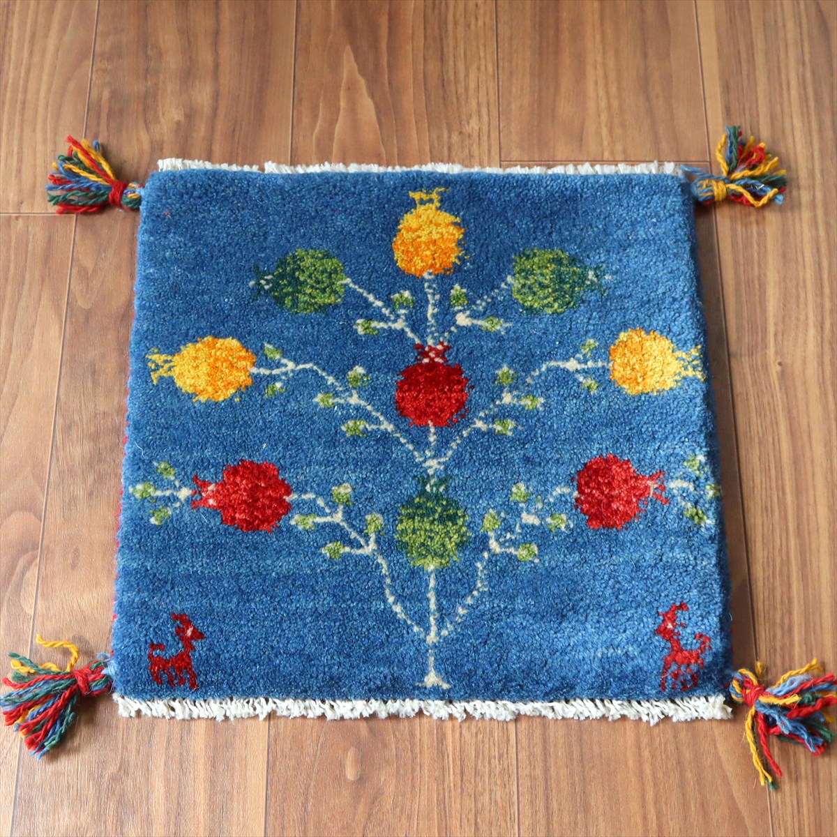 ギャッベ イラン産手織り 座布団サイズ39×40cm ブルー 動物とカラフルなザクロの樹