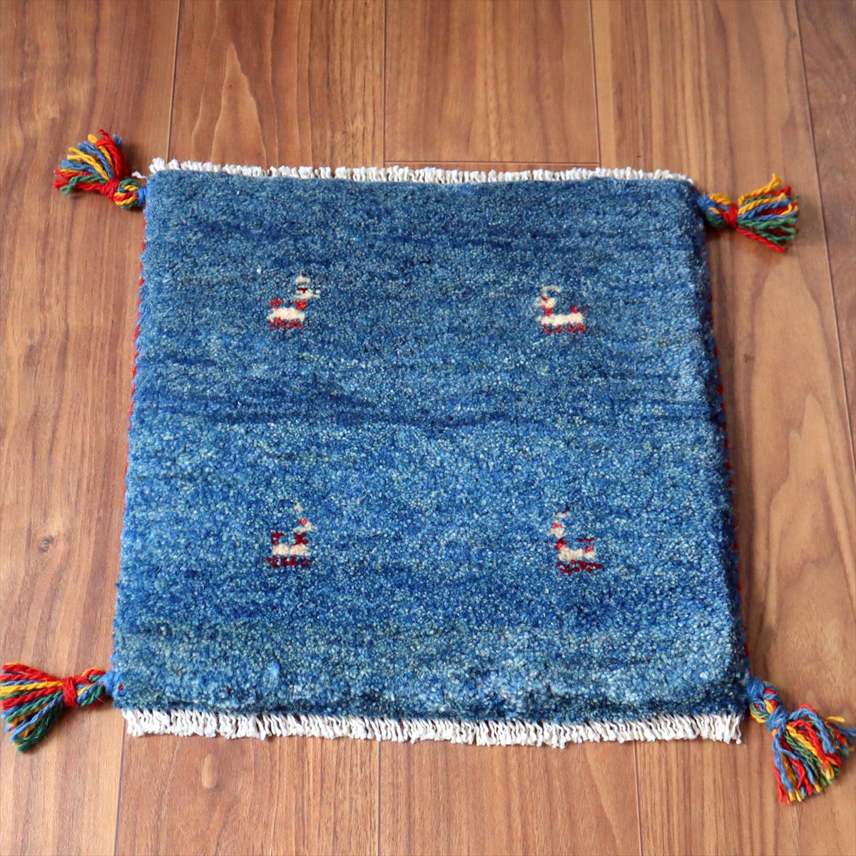 ギャッベ イラン産手織り 座布団サイズ39×39cm ブルー 動物モチーフ