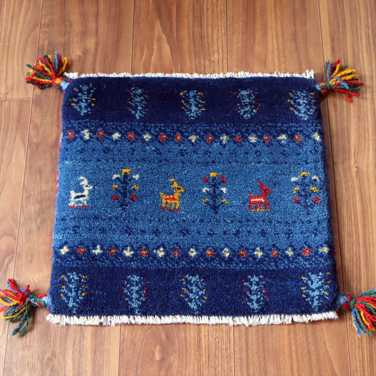 ギャッベ イラン産手織り 座布団サイズ38×40cm ブルー 動物と生命の樹