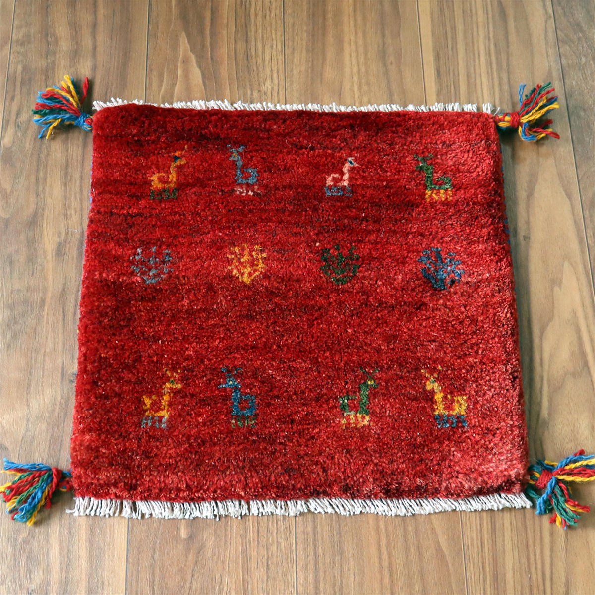 ギャッベ イラン産手織り 座布団サイズ42×42cm レッド カラフルな生命の樹と動物