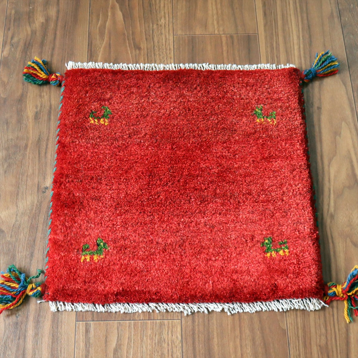 ギャッベ イラン産手織り 座布団サイズ41×42cm レッド 動物モチーフ