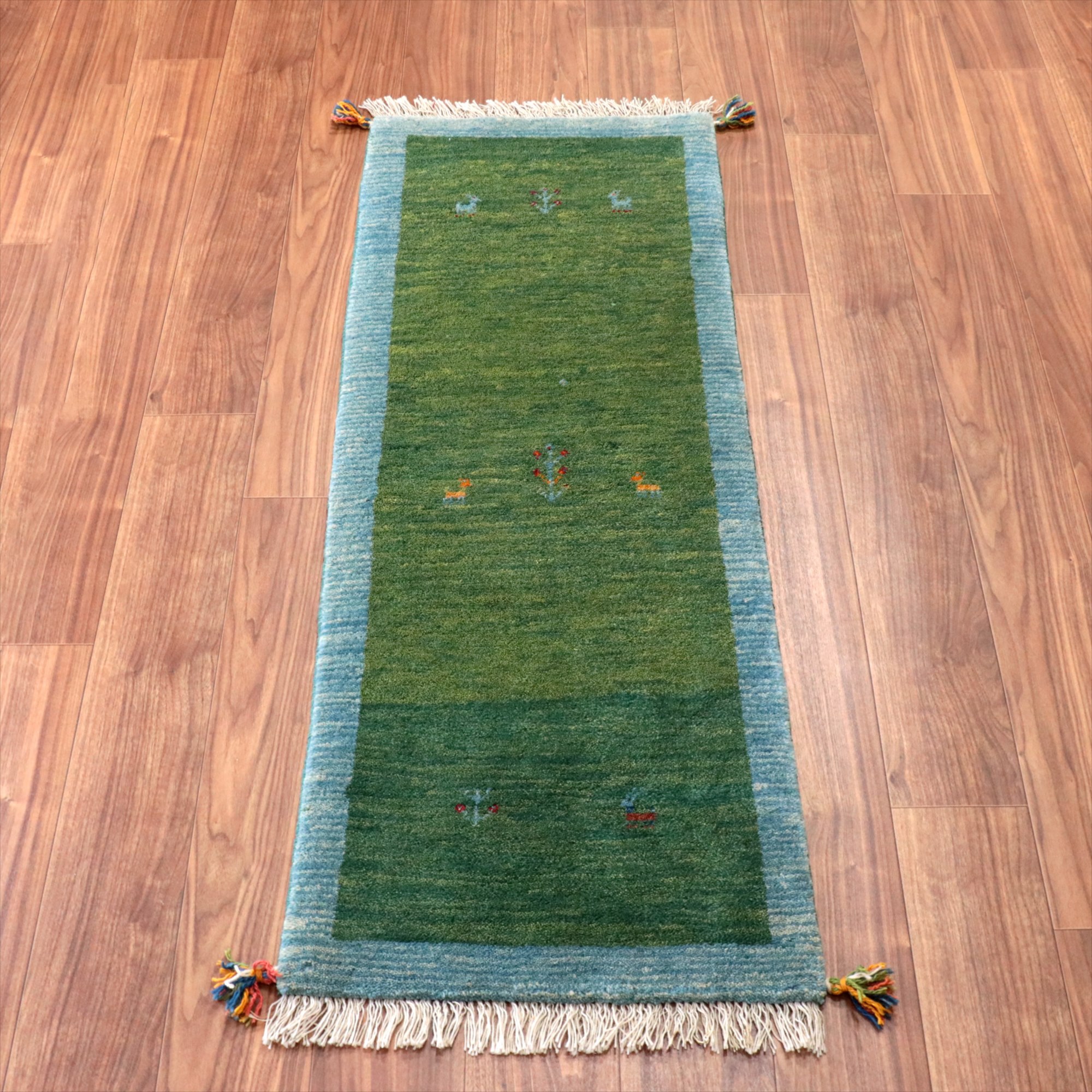 ギャッベ　プリミティブで素朴なデザイン 150x53cm グリーン　ランナー