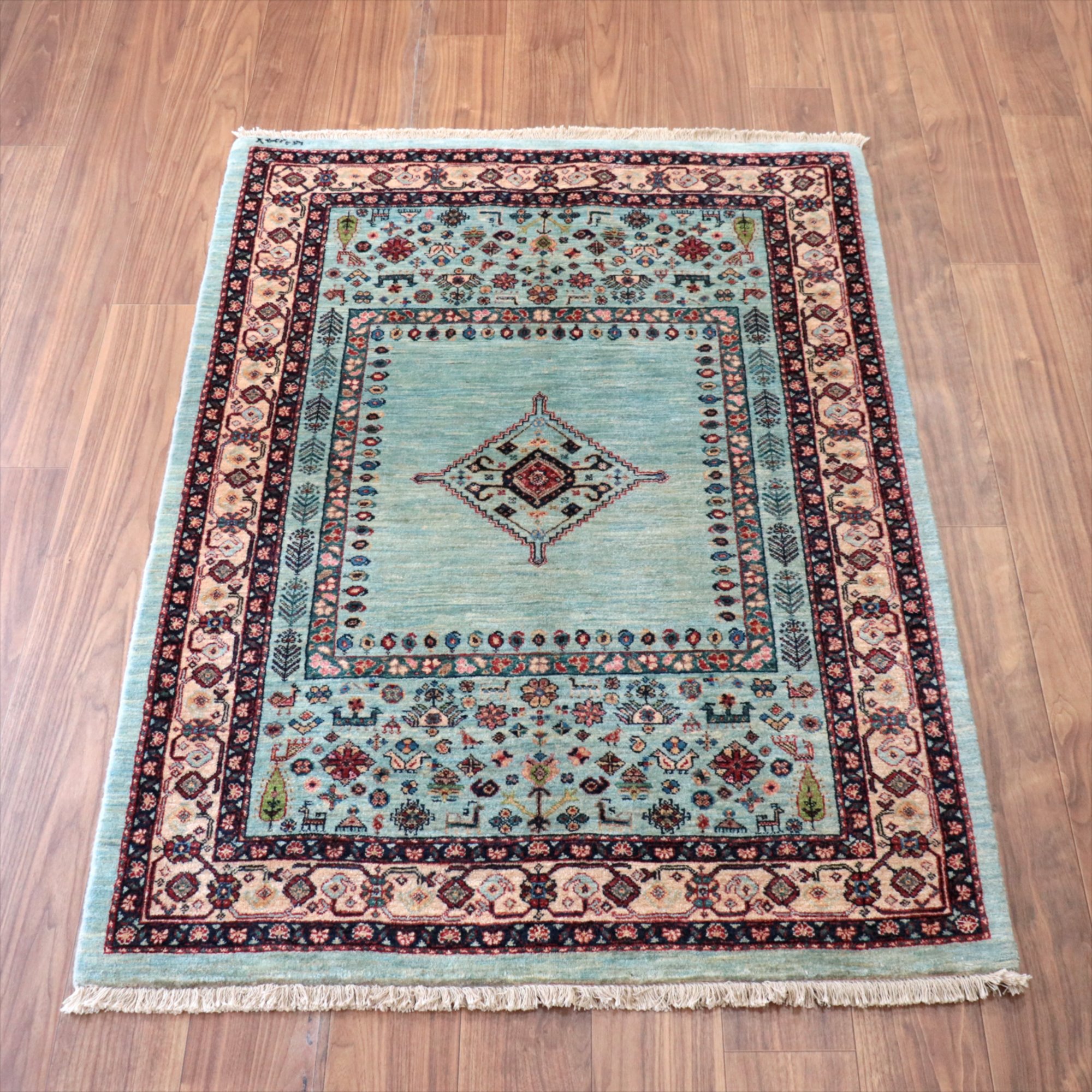 ギャッベ　Luribaft/ルリバフ 152x113cm ペールブルー 小花と幾何学モチーフ