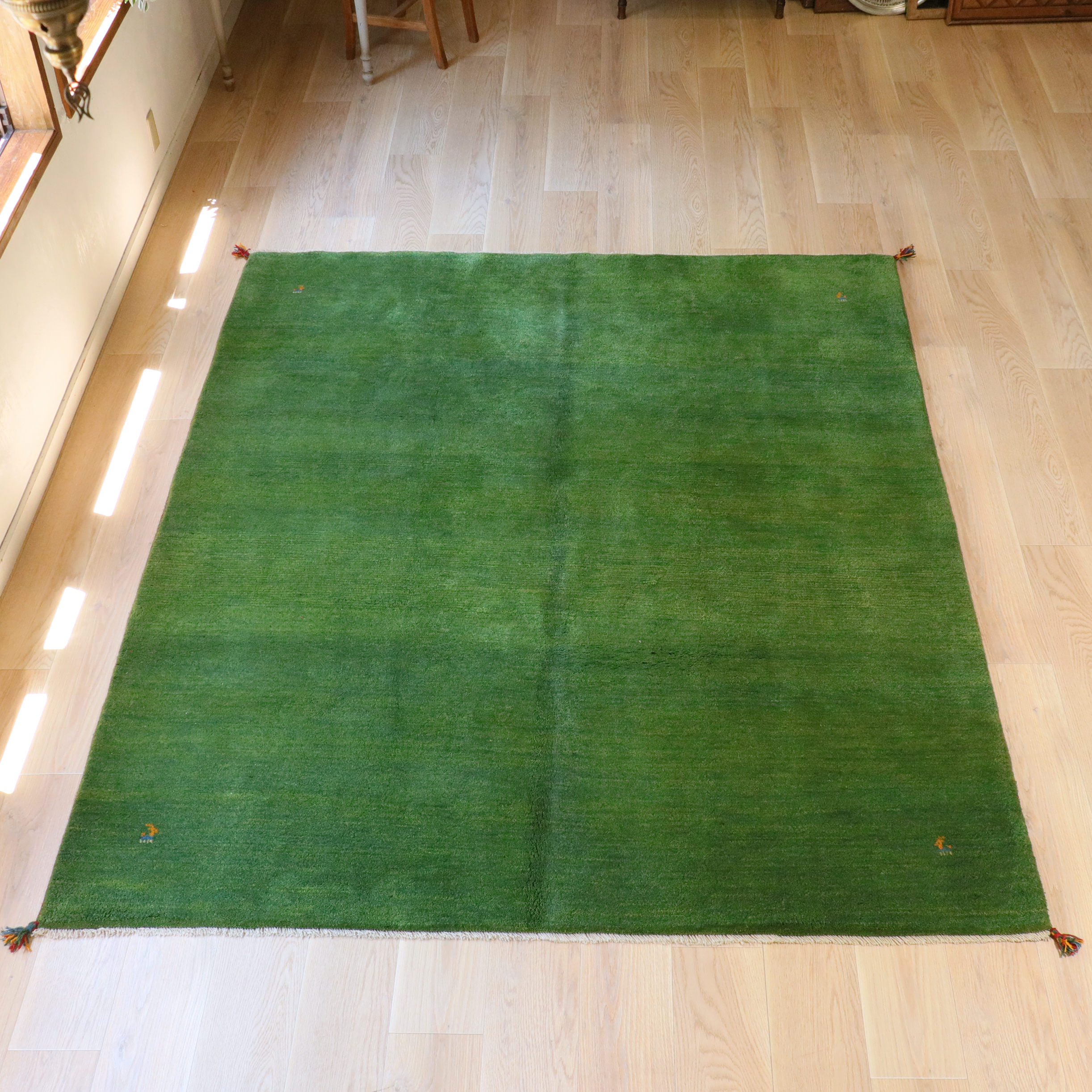 ギャッベ　イラン手織り　グリーン 245×206cm シンプル　無地