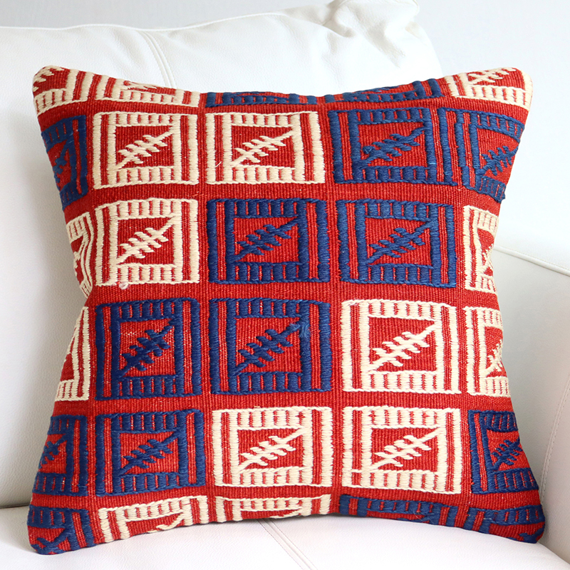 オールドキリムクッションカバー 40cm Old Kilim Cushion 四角形のジジム・ブルー＆ホワイト