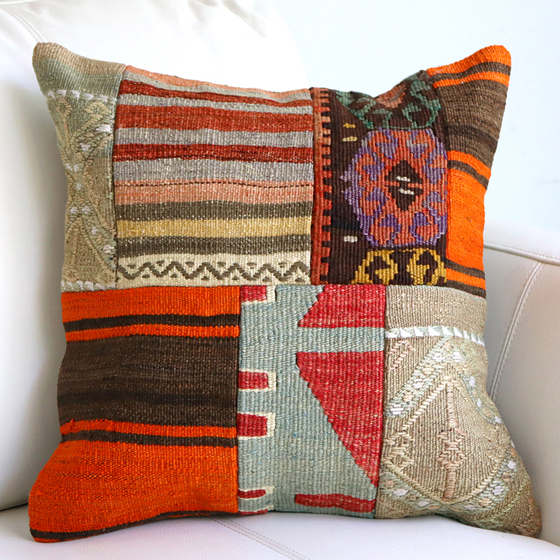 オールドキリムクッションカバー 40cm /Old Kilim Cushion パッチワーク トルコのウール手織りキリム