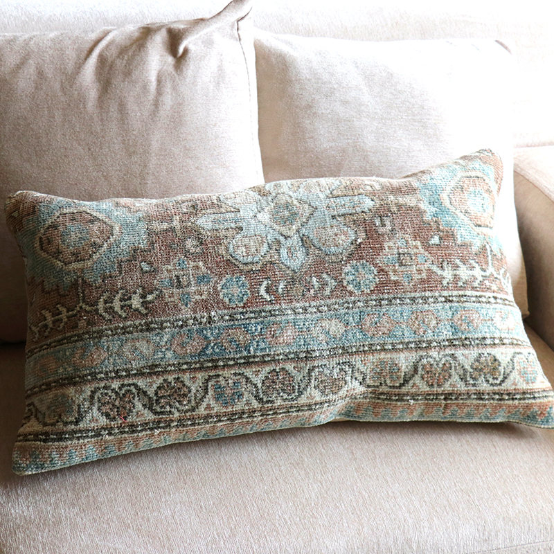 ヴィンテージラグ クッションカバー 60×35cm ブルー＆ブラウン