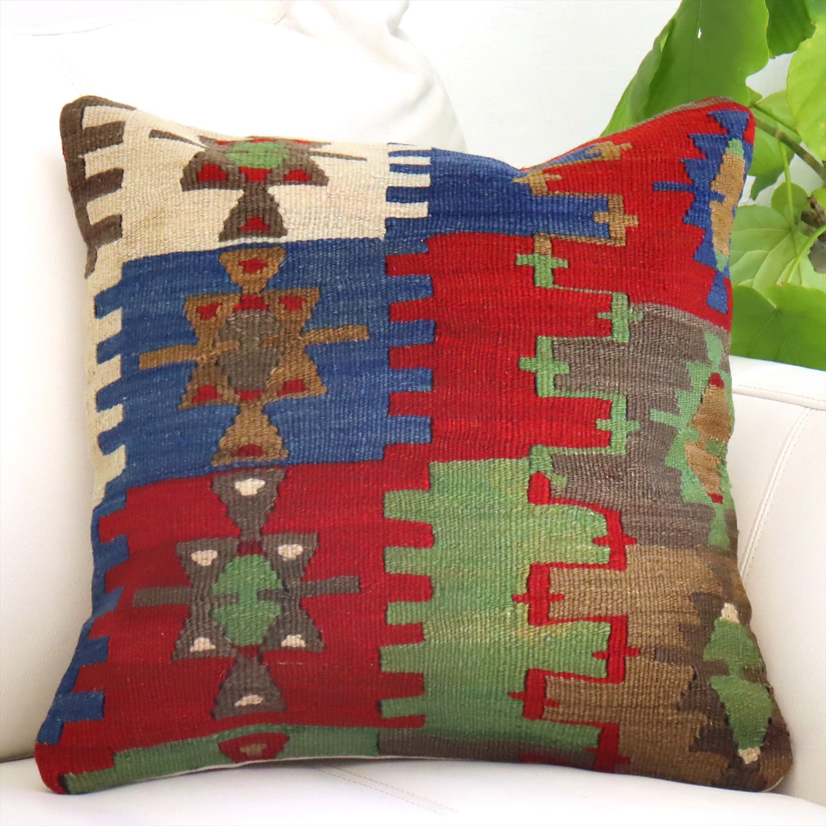 オールドキリム クッションカバー 40cmサイズ コンヤ レッド＆ブルー＆グリーン