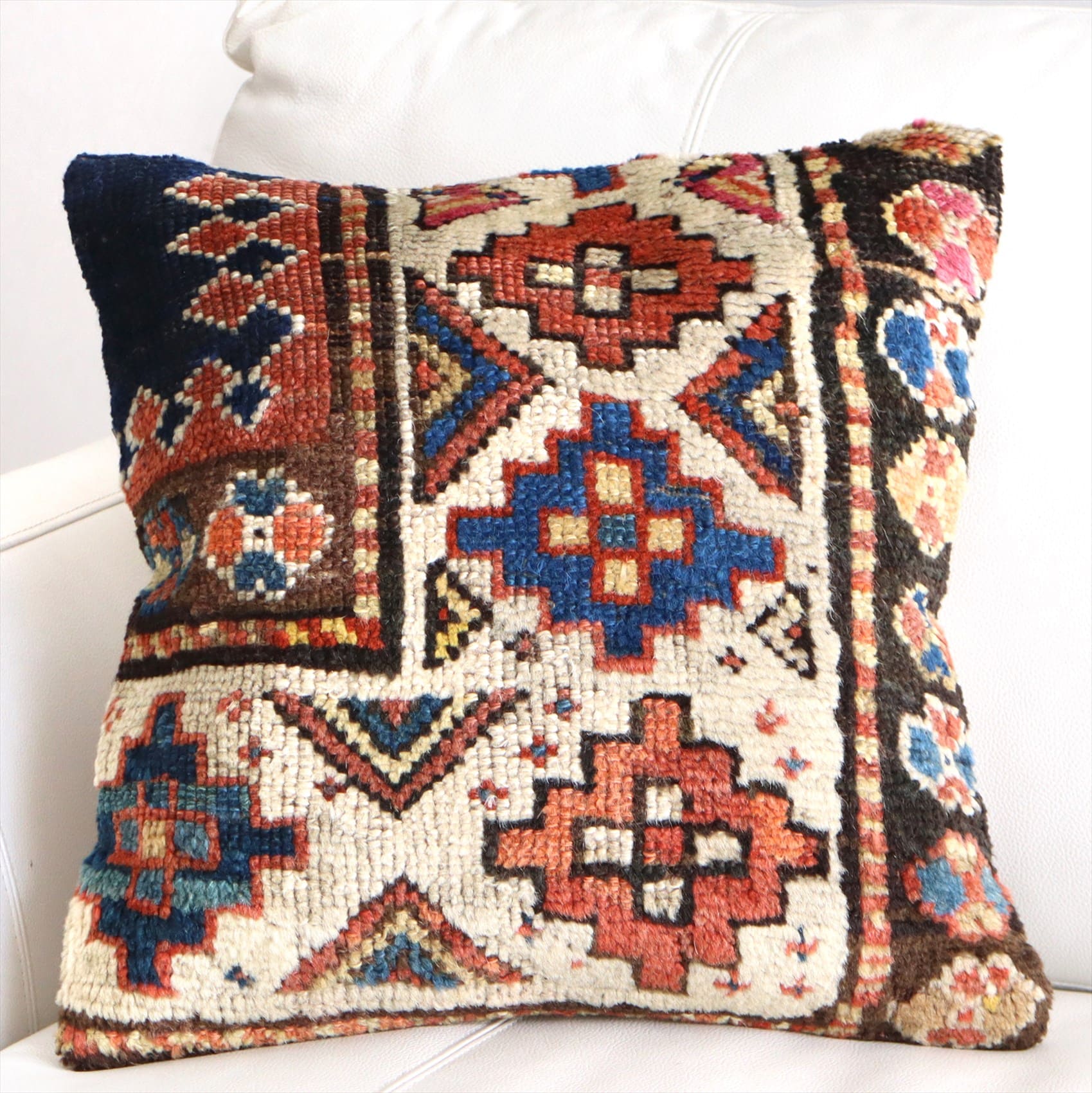 クッションカバー ヴィンテージ パイル織り 絨毯 40cmサイズ コーカサス ネイビー＆ブラウン