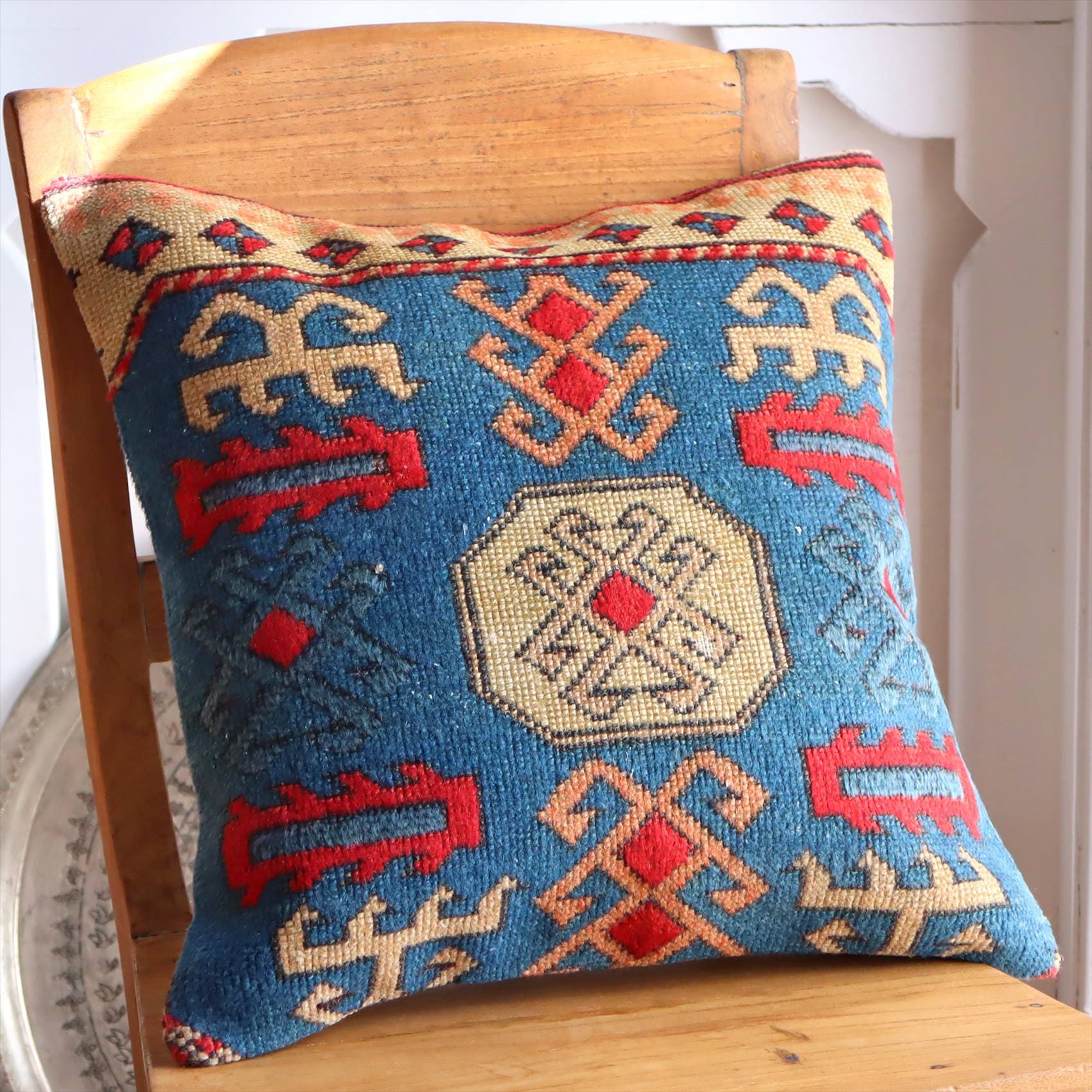 クッションカバー ヴィンテージ パイル織り 絨毯 45cmサイズ コンヤ ブルー