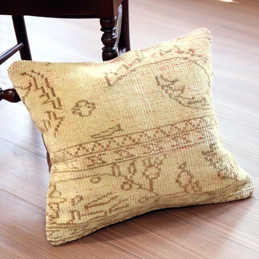 ヴィンテージラグクッションカバー 46×40cmトルコ絨毯・ブリーチしたアンティーク加工