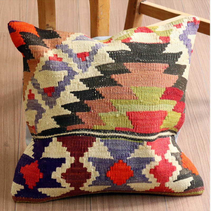 オールドキリム クッションカバー40×39cm ジグザグのダイヤ・イーブルアイとドラゴンの爪 Old Kilim Cushion