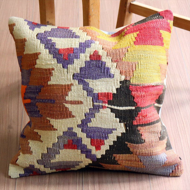 オールドキリム クッションカバー40×40cm ジグザグのダイヤ・イーブルアイとドラゴンの爪 Old Kilim Cushion