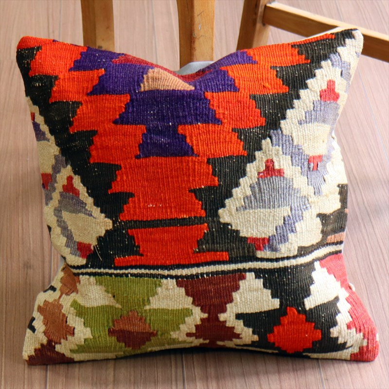 オールドキリム クッションカバー40×39cm ジグザグのダイヤ・イーブルアイとドラゴンの爪 Old Kilim Cushion