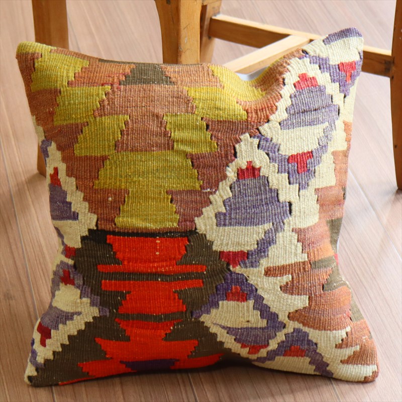 オールドキリム クッションカバー40×40cm ジグザグのダイヤ・イーブルアイとドラゴンの爪 Old Kilim Cushion