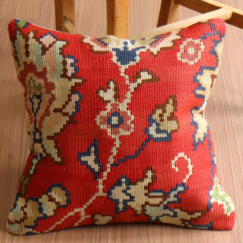 オールドキリム クッションカバー40×39cm ブルガリア・花とつる草 Old Kilim Cushion