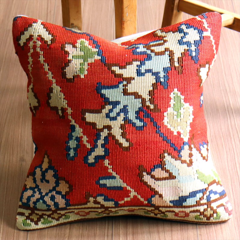 オールドキリム クッションカバー41×40cm ブルガリア・花とつる草 Old Kilim Cushion