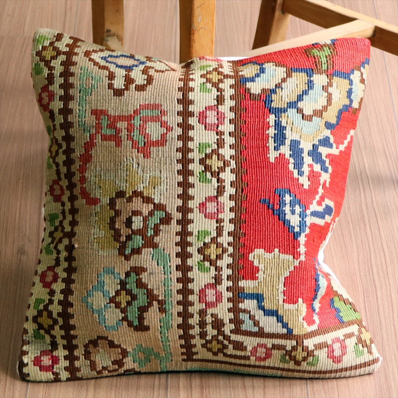 オールドキリム クッションカバー41×40cm ブルガリア・花とつる草 Old Kilim Cushion