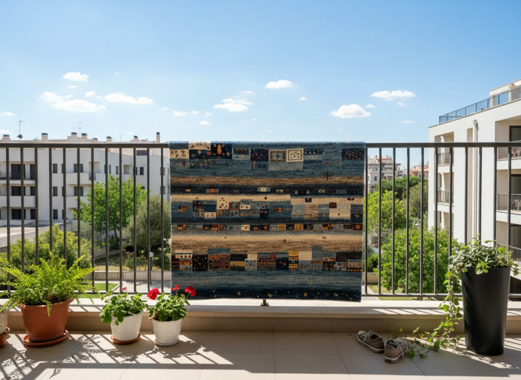 ギャッベをベランダで干す