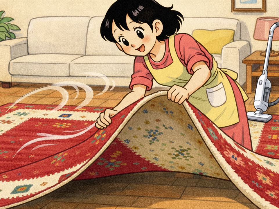 ギャッベをめくって風を通す